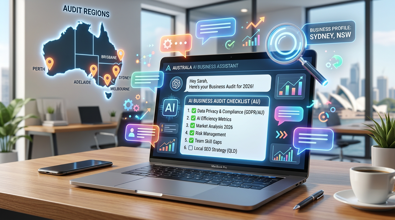 Australian business owner auditing how AI tools represent their business on a laptop