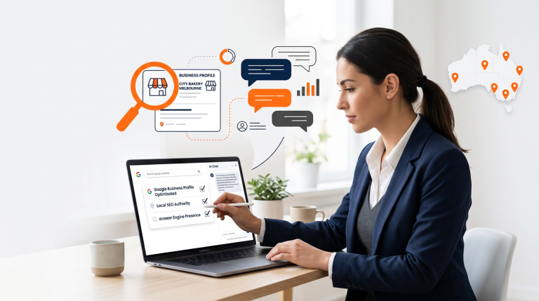 Australian business owner checking how AI tools describe their business on a laptop