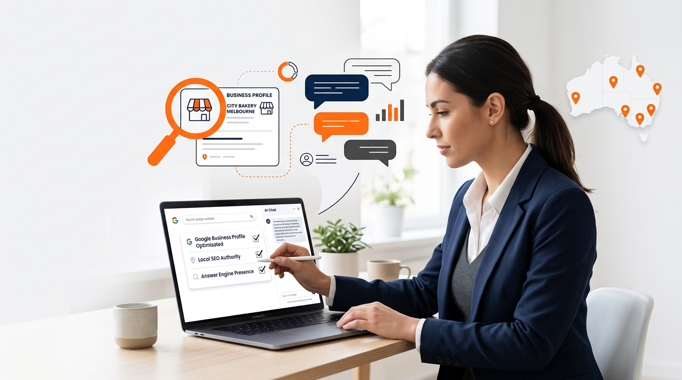 Australian business owner checking how AI tools describe their business on a laptop