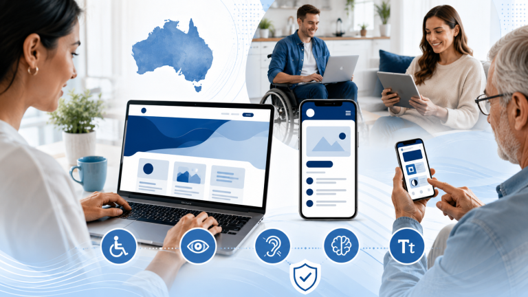 Diverse Australians using an accessible, easy-to-read website on different devices