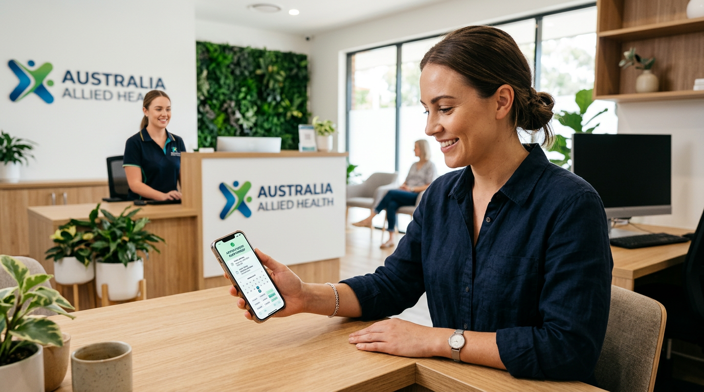Australian patient booking an allied health appointment online on a phone