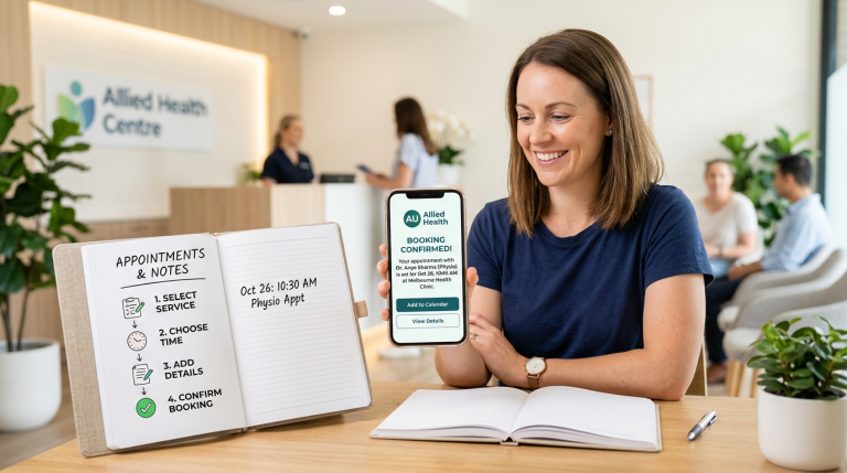 Australian allied health patient easily booking an appointment online on a phone