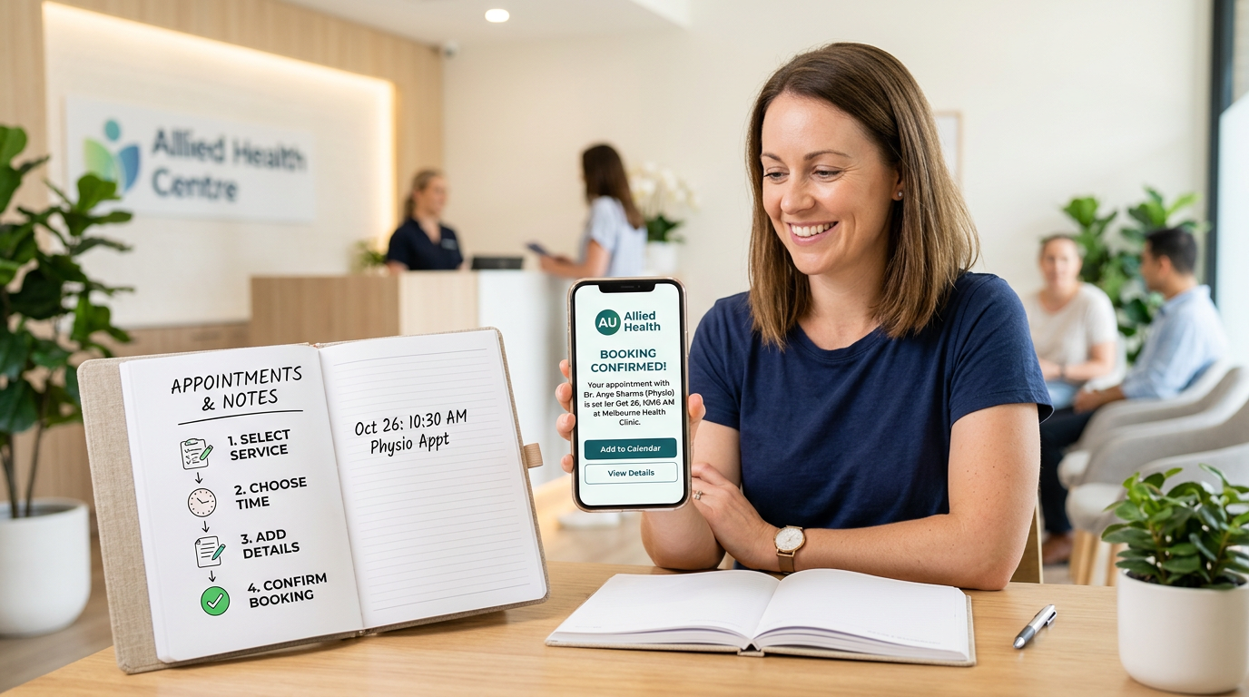 Australian allied health patient easily booking an appointment online on a phone