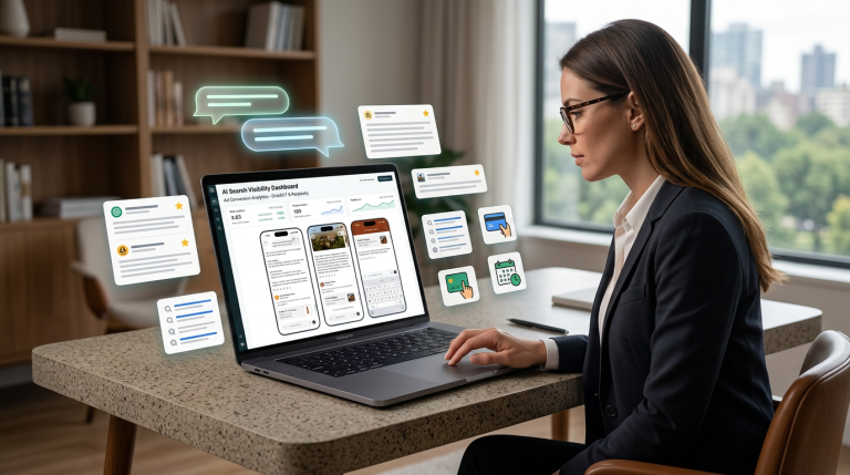 Business owner reviewing AI-assisted search visibility and AI advertising results