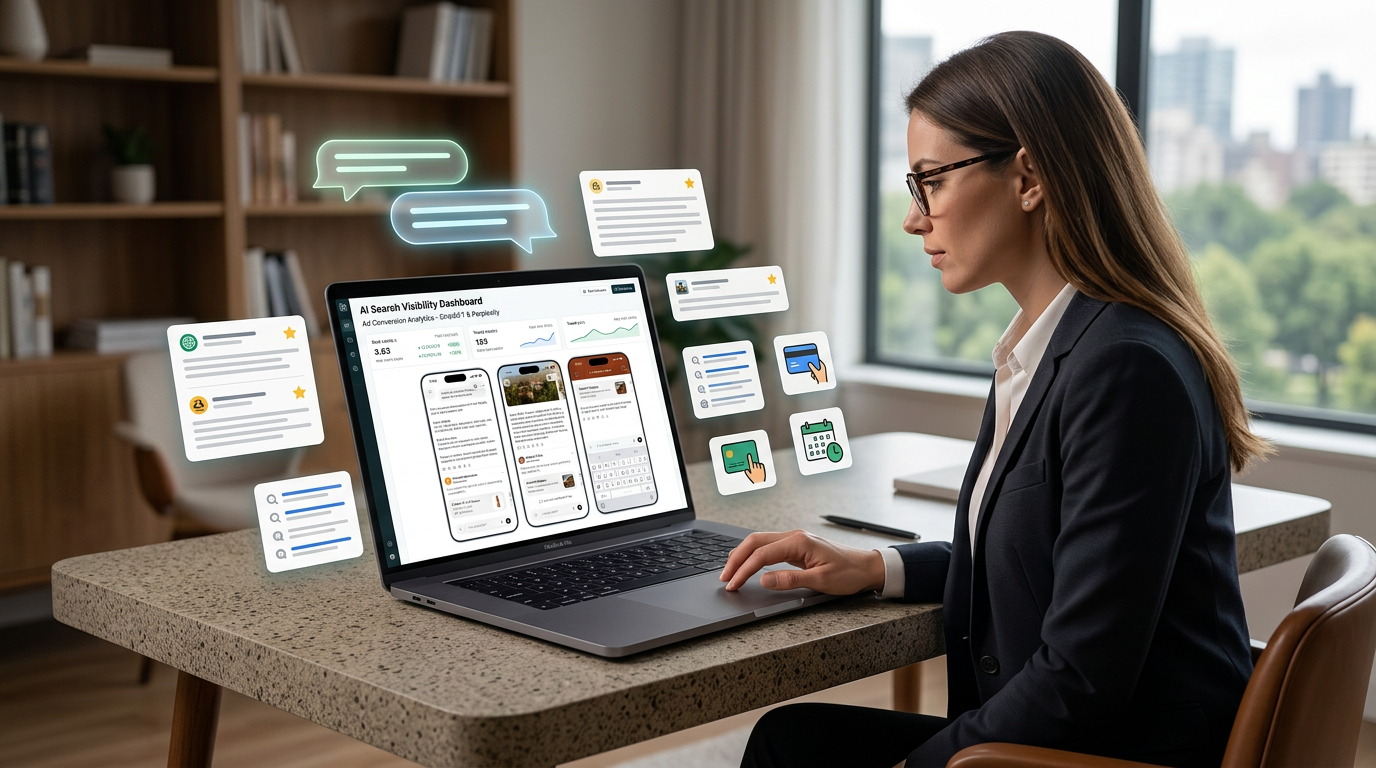 Business owner reviewing AI-assisted search visibility and AI advertising results