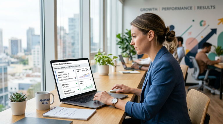 Australian marketer reviewing a structured Google Ads campaign dashboard on a laptop