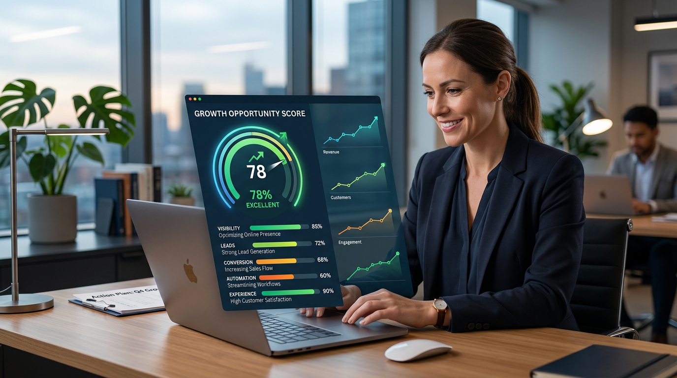 business owner reviewing a growth opportunity score dashboard