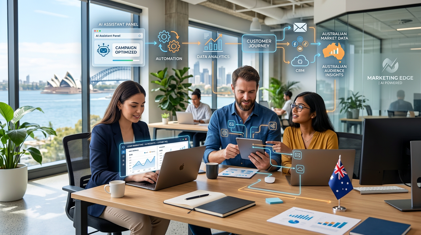 Small Australian marketing team using AI and automation tools in a modern office