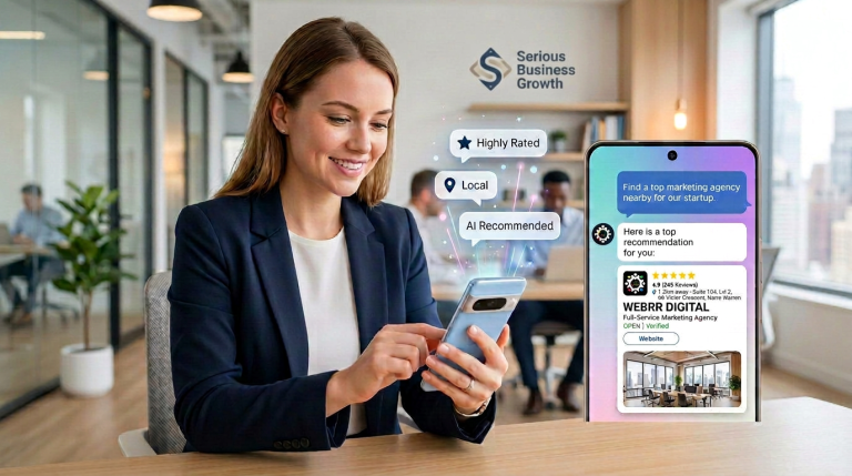 Australian customer asking an AI assistant for a local business recommendation on a phone