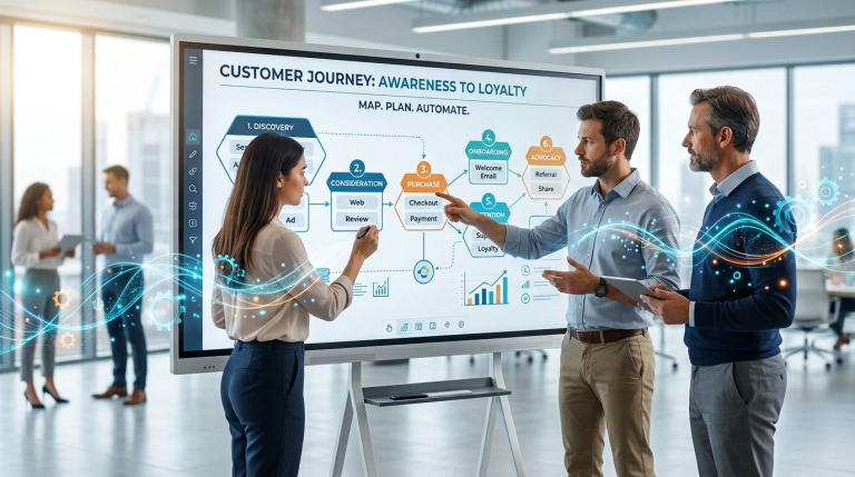 Australian team mapping a customer journey on a whiteboard before automating it