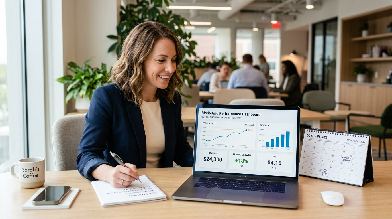 business owner reviewing measurable marketing goals and metrics on a dashboard
