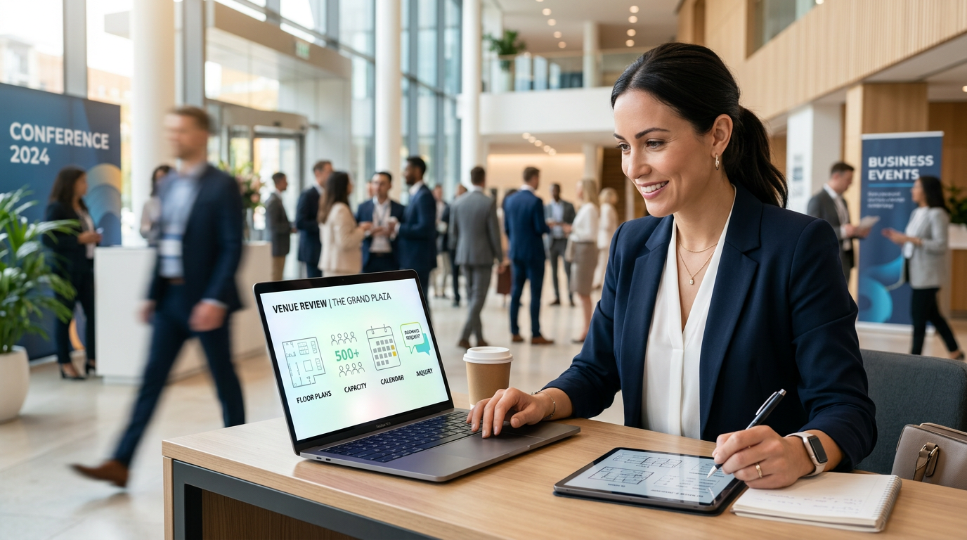 Event planner choosing a venue for a conference through clear, credible marketing