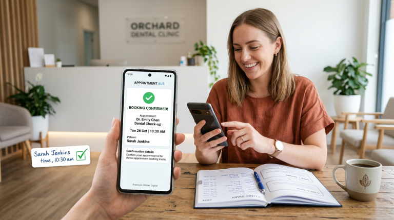 Australian patient easily booking an appointment on a phone with a confirmed diary