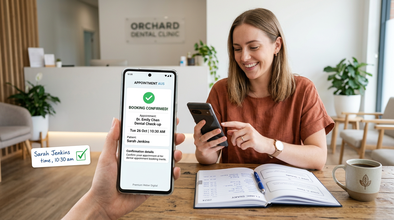 Australian patient easily booking an appointment on a phone with a confirmed diary