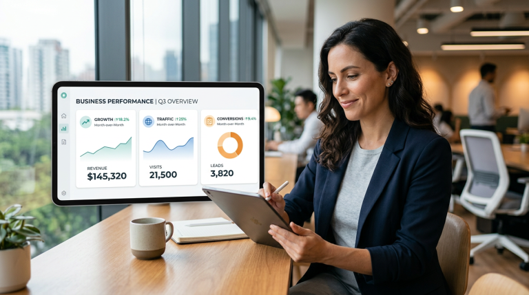 business owner reading a clear marketing dashboard focused on key outcomes