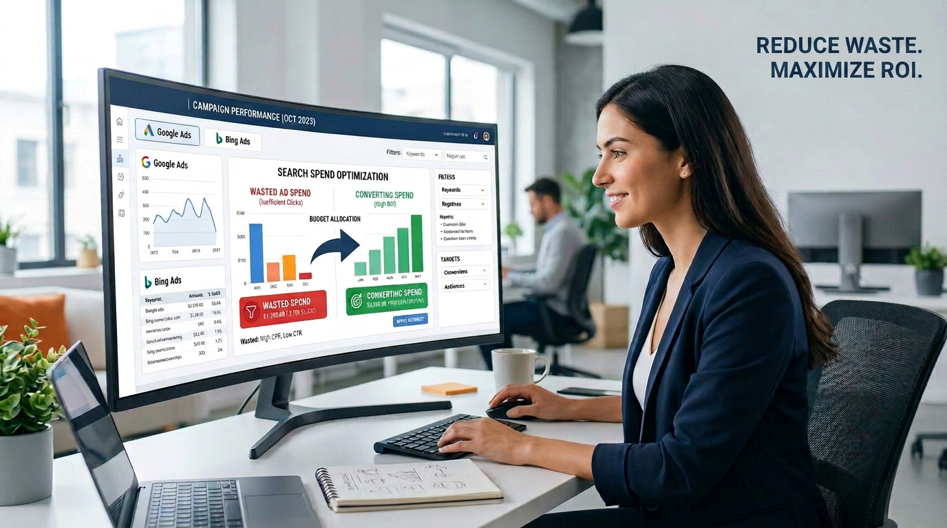 business reviewing a search campaign to cut wasted ad spend