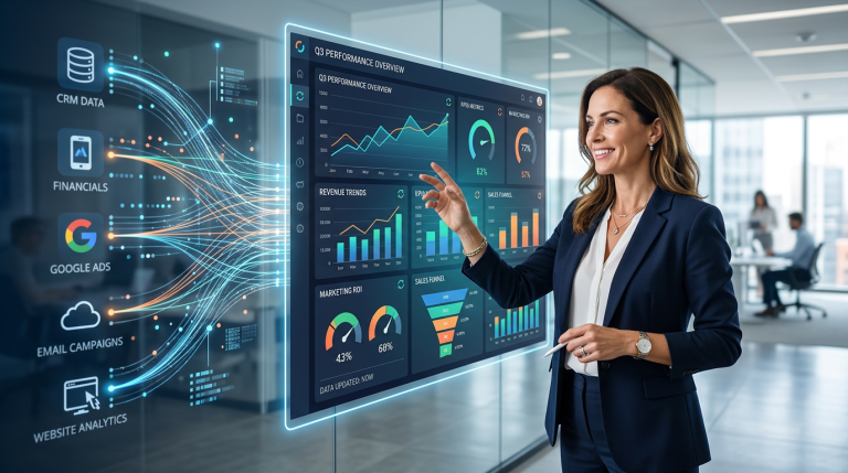 business viewing an automated, always-current reporting dashboard