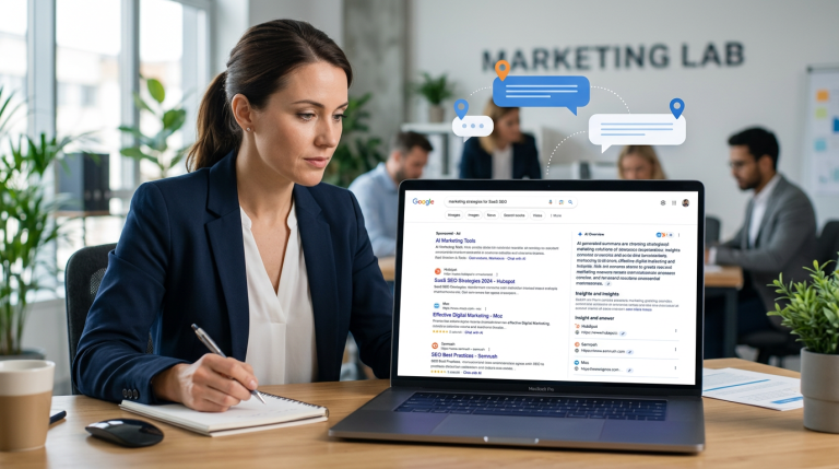 Australian marketer reviewing SEO and AI search visibility results on a laptop