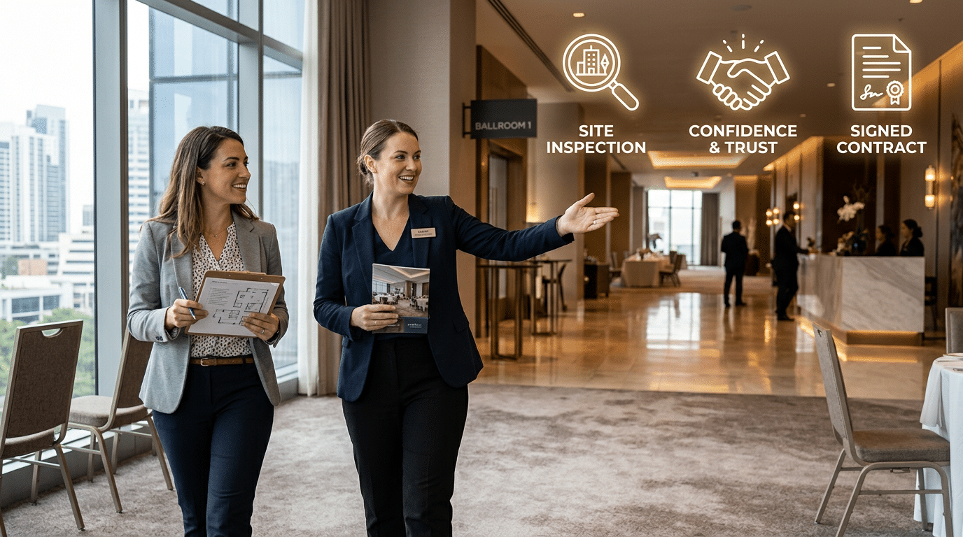 Event venue turning a planner site inspection into a signed contract